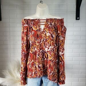 Buckle Black Strappy Wide Neck Off the Shoulder Top Orange Maroon size Small